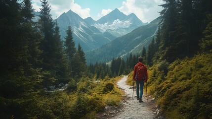 Obraz premium Hiker walking to mountains. 