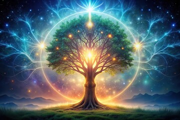 A mystical tree with glowing aura, its trunk adorned with symbols and markings that seem to hold secrets of the universe, cosmic, enigmatic, dreamlike, spiritual