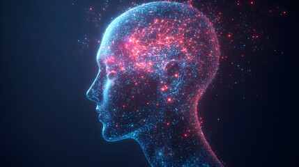High-tech human head with vibrant neural networks, glowing in neon hues, symbolizing the exchange of data and the fusion of artificial intelligence and human cognition