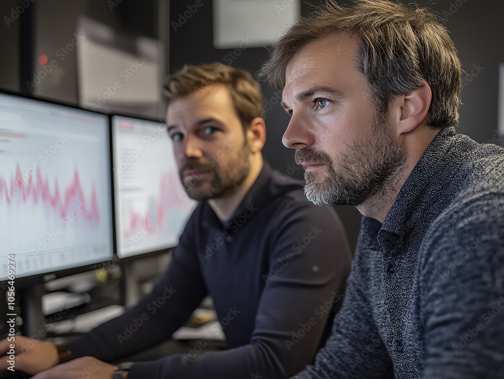 Aufkleber Two businessmen looking at computer screens with graphs.