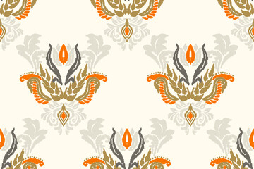 Embroidered Ikat flower pattern on white background. Traditional ethnic ikat, Aztec abstract vector pattern, seamless pattern in tribal, folk embroidery and Mexican style.