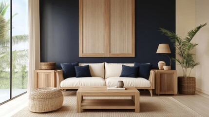 A contemporary living room with beige walls, a dark navy accent wall, and wooden furniture