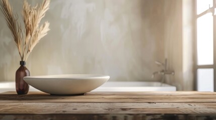 Wooden table surface on hazy bathroom backdrop, essential for visual arrangement