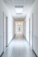 Obraz premium A long, bright hospital corridor with white walls, doors, and tiled floor, illuminated by fluorescent lights, creating a sterile and clean environment.