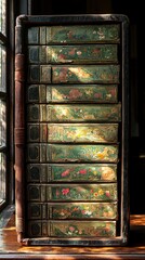 Collection of vintage books with ornate covers in a library setting