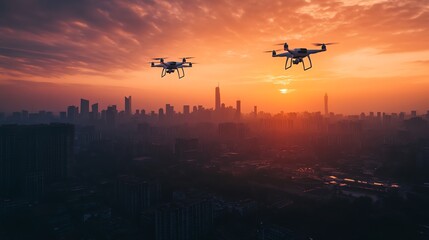 Fototapeta premium Two drones fly over a city skyline at sunset, capturing the cityscape from above.