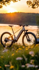 Obraz premium Electric mountain bike at sunset near calm water and flowers