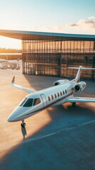 Luxurious private jet parked at modern airport during sunset