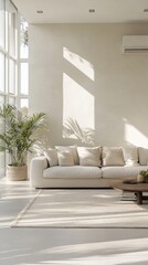 Bright and airy minimalist living room featuring a cozy white sofa, large windows, and natural light.