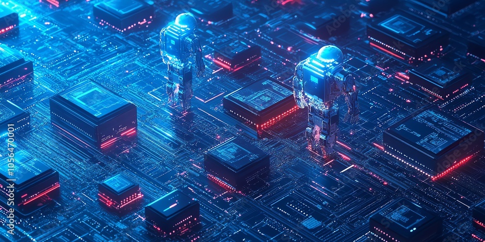 Aufkleber Two futuristic robots walking on a glowing circuit board.