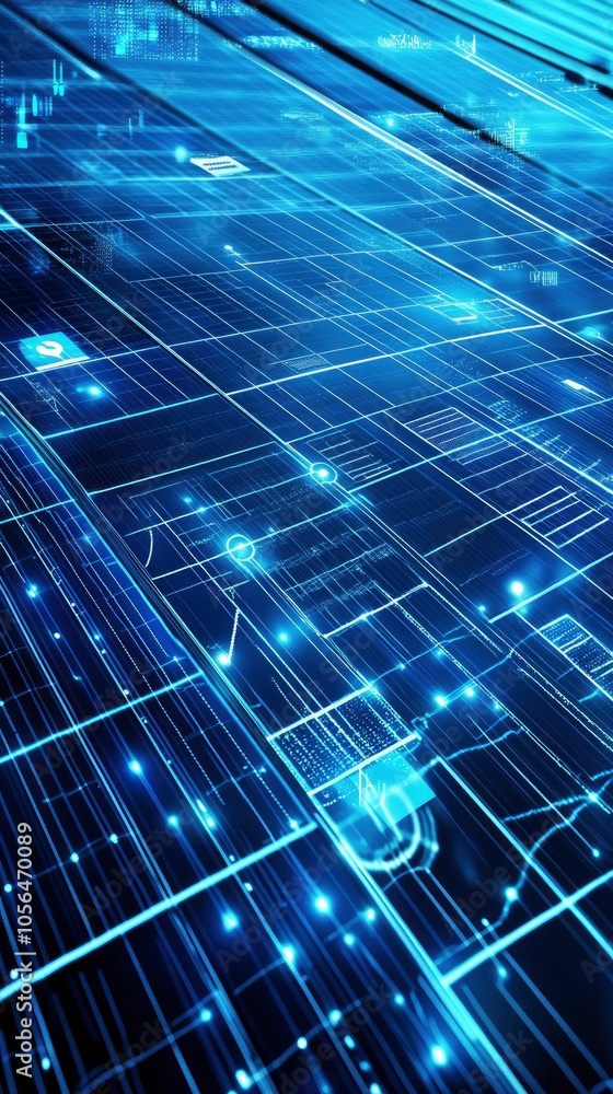Poster glowing digital grid with blue light and data patterns