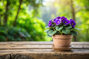 A potted African Violet sitting on a weathered wooden bench in a garden setting surrounded by lush greenery, botanicals, rustic charm