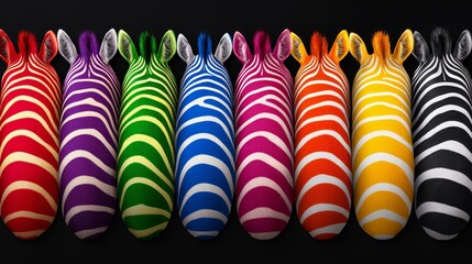 Bright rainbow zebra stripes contrasted on a black canvas, blending natural patterns with bold, vibrant colors. Rainbow zebra art, Color pop on black