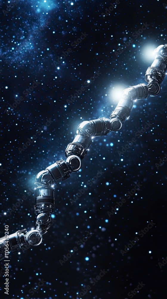 Poster futuristic robotic arm navigating through the cosmos in a starry background