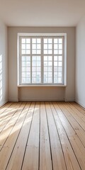 Obraz premium A large window in a room with a wooden floor. The room is empty and has a very clean and simple look