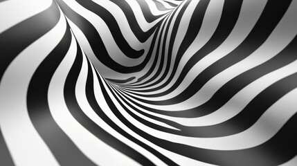 Curved zebra stripes in a flowing, twisting pattern, creating a mesmerizing black-and-white visual vortex. Dynamic stripe illusion, Monochrome abstract art