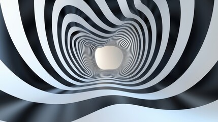 Naklejka premium Curved zebra stripes undulating across a smooth surface, forming a dynamic black-and-white pattern of distortion. Abstract stripe illusion, Zebra pattern motion