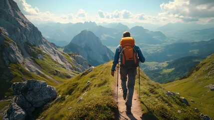 Hiker walking to mountains. 