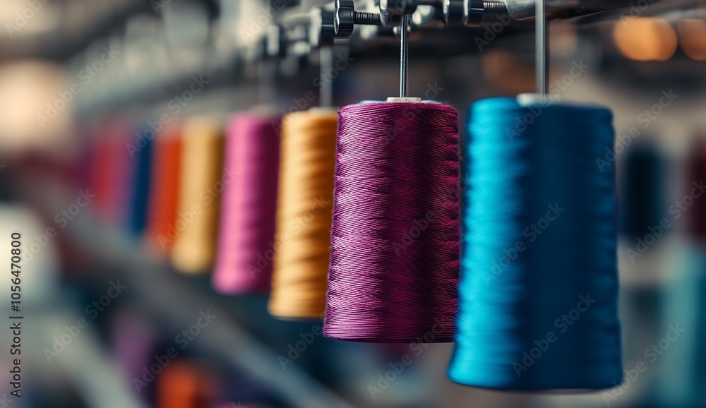 Poster colorful spools of thread in textile factory with selective focus on horizon : generative ai