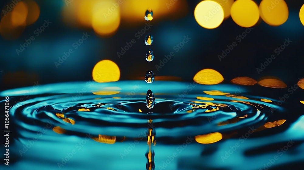 Poster Vibrant Water Droplet Creating Ripples Against a Colorful Bokeh Background : Generative AI