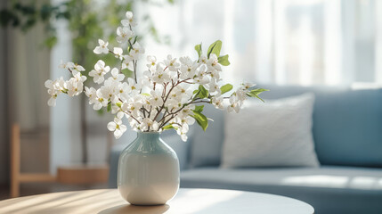 Fototapeta premium A vase with white flowers sits on a table in a bright, modern living space.