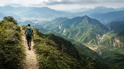 Fototapeta premium Hiker walking to mountains. 