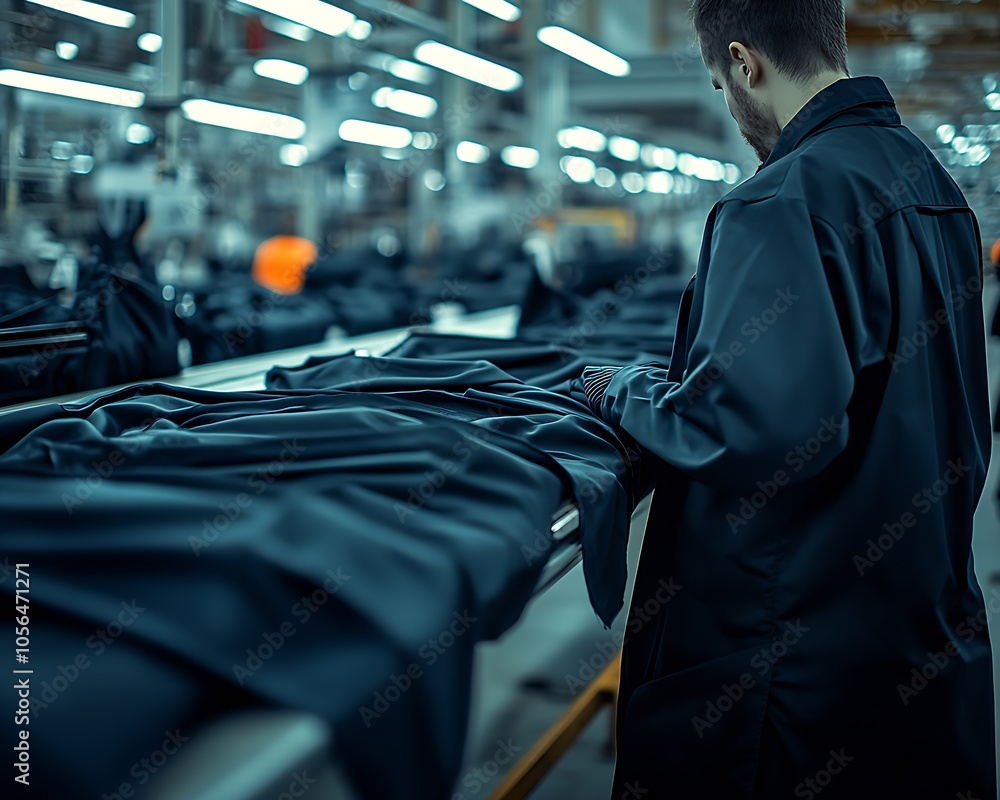Poster focused factory worker overseeing fabric on modern production line : generative ai