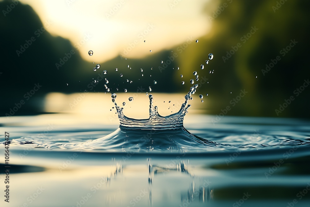 Poster soothing water droplet impact creating symmetrical ripples on a serene lake surface : generative ai