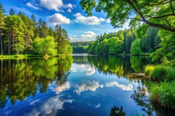 A serene and peaceful lake surrounded by tall trees and lush greenery, forest, water