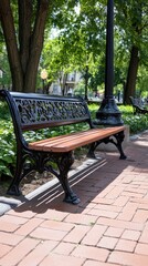 A peaceful park scene featuring a decorative bench and green surroundings