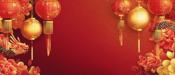 Create a vibrant copy space background for Chinese New Year, adorned with traditional motifs such as lanterns, dragons, and floral patterns, infused with rich red and gold colors to evoke a festive 