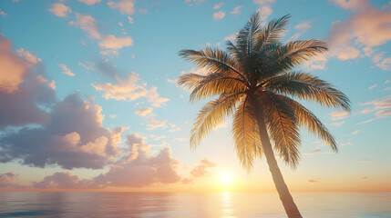 Fototapeta premium Palm Tree Silhouette at Sunset, Tropical Beach Illustration