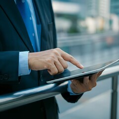 Dynamic businessman leveraging AI technology on a tablet for data insights while in motion in an urban area