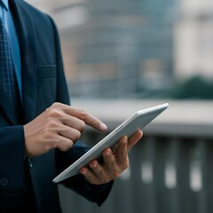 Focused analysis: businessman using a tablet for data insights amidst a blurred city background