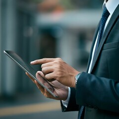 Tablet data analysis in a close-up shot of a businessman on-the-go, highlighting the mobility of AI technology