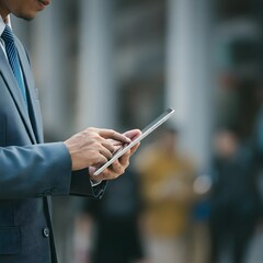 Professional man engaged in data analysis using a tablet, surrounded by a blurred urban landscape