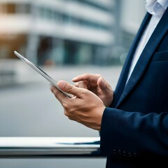 Engaged businessman in a blurred urban landscape, using a tablet for focused data analysis