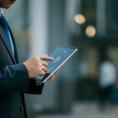Urban professional leveraging a tablet for data insights, with an emphasis on mobility and efficiency