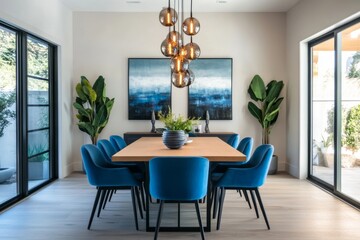 Fototapeta premium A large, blue dining table is surrounded by blue chairs. The table is set with a vase and a bowl. The room is decorated with a blue color theme and has a modern design