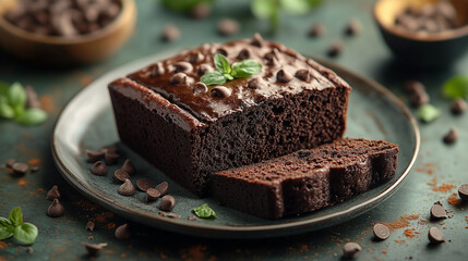 Chocolate Banana Brownie with Chocolate Chips and Fresh Mint Leaves on a Rustic Plate