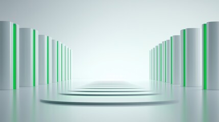 Obraz premium Abstract composition of cylindrical forms with green accents, softly reflected on a smooth surface.