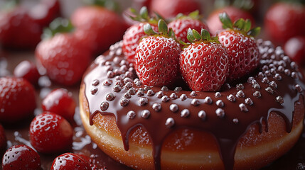 Chocolate Glazed Donuts with Fresh Strawberries and Chocolate Chips on a Dark Rustic Background