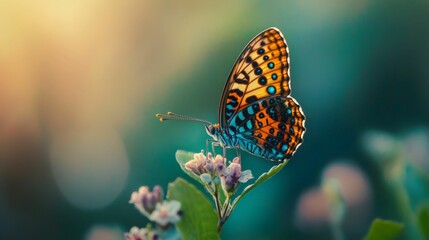 Obraz premium Colorful butterfly perched on a flower with a blurred green background.