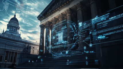 A futuristic cityscape with digital overlays and architectural elements.