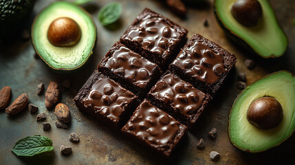 Fudgy Chocolate Avocado Brownies with Rich Chocolate Chips and Fresh Avocado Halves
