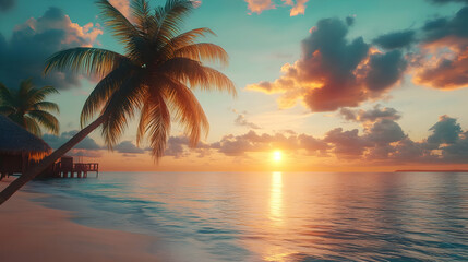 Tropical Sunset Beach with Palm Trees Illustration