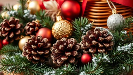 Wicker basket filled with assorted Christmas ornaments and pine cones, winter, rustic