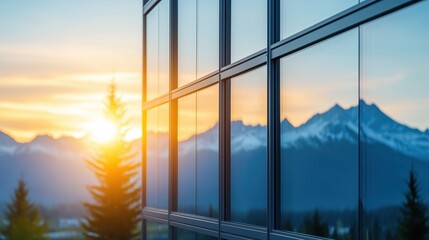 Modern glass building reflecting a scenic sunset view over mountains, creating a serene atmosphere.