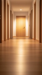 Modern hallway with wooden doors and smooth floor, illuminated softly, creating a serene atmosphere.
