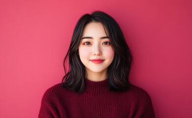 Fototapeta premium An Asian woman in a red attire stands against a matching red background, exuding warmth and friendliness, perfect for red-themed marketing campaigns.